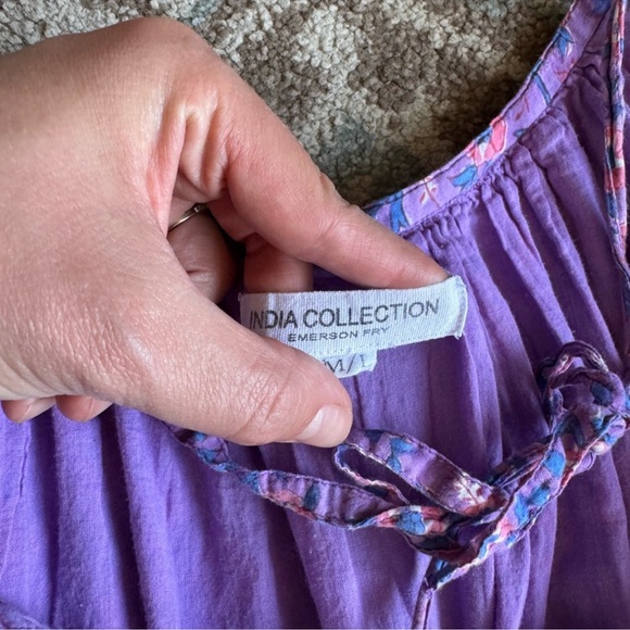Emerson Fry India Sundress Violet Wildflower Tie Straps Size M L Tiered Maxi - Picture 5 of 10